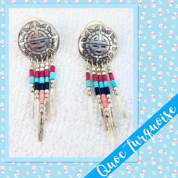 Quoc Turquoise Inc. Jewelry - Vintage Native American Turquoise, Coral & Onyx Sterling Silver Dangle Earrings